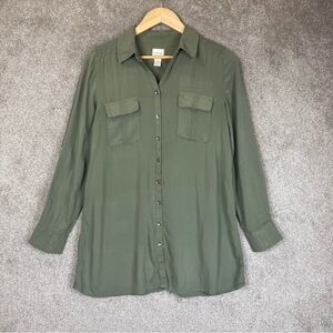 Chicos Shirt Womens 0 Small Green Button Long Sleeve Pocket Blouse Rayon- 3567